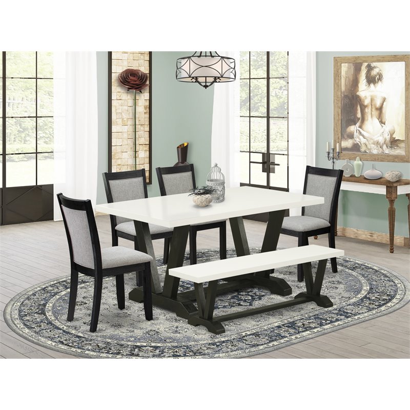 East West Furniture V-Style 6-Piece Wood Dining Set in Black/White/Shitake Gray