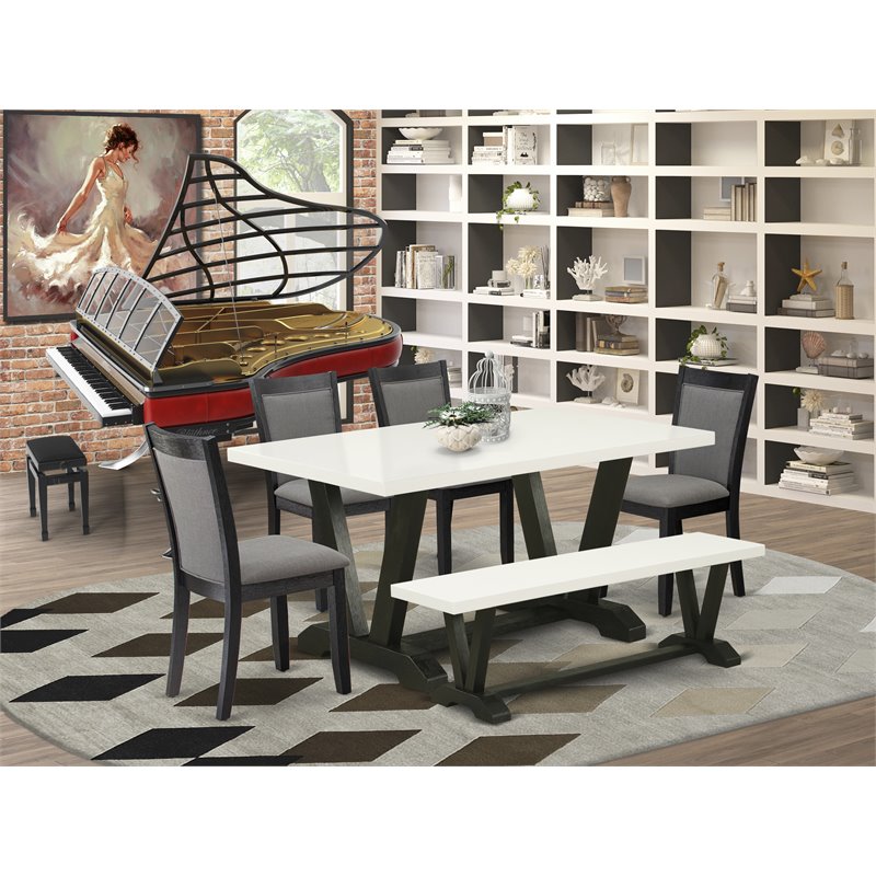 East West Furniture V-Style 6-Piece Wood Dining Set in Black/White/Dark Gray