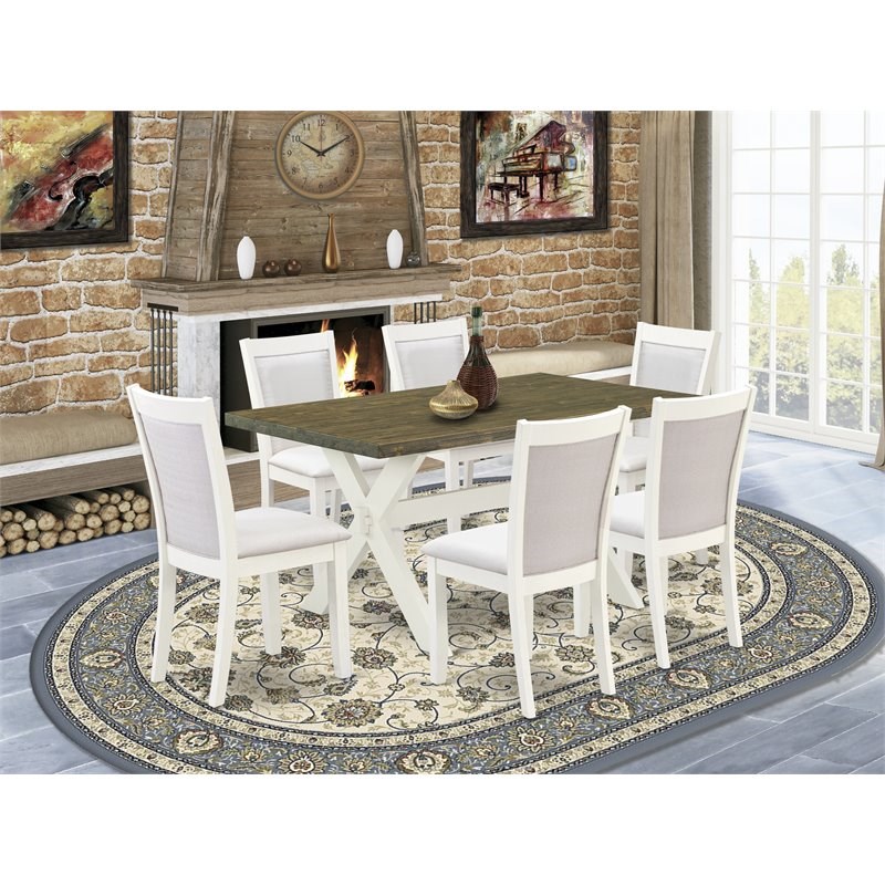 East West Furniture X-Style 7-Piece Wood Dining Set in Jacobean/White/Cream
