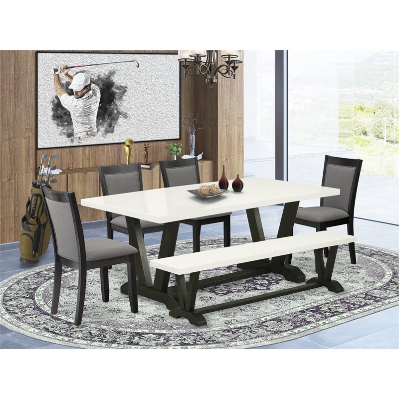 East West Furniture V-Style 6 Pieces Wood Dining Set in Black/White/Dark Gray