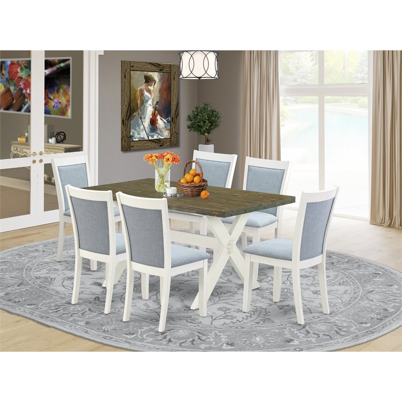 East West Furniture X-Style 7-Piece Asian Wood Dining Set in Blue/Jacobean/White