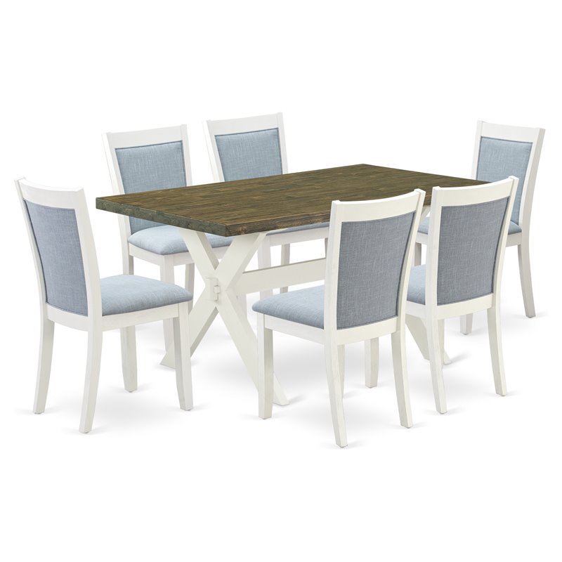 East West Furniture X-Style 7-Piece Asian Wood Dining Set in Blue/Jacobean/White