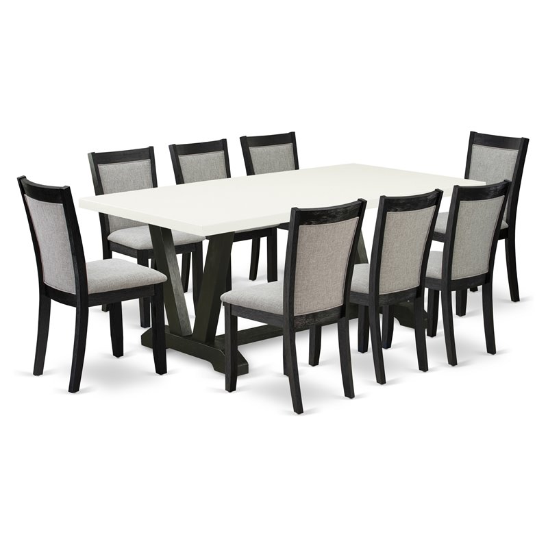 East West Furniture V-Style 9 Pieces Wood Dining Set in Black/White/Dark Gray