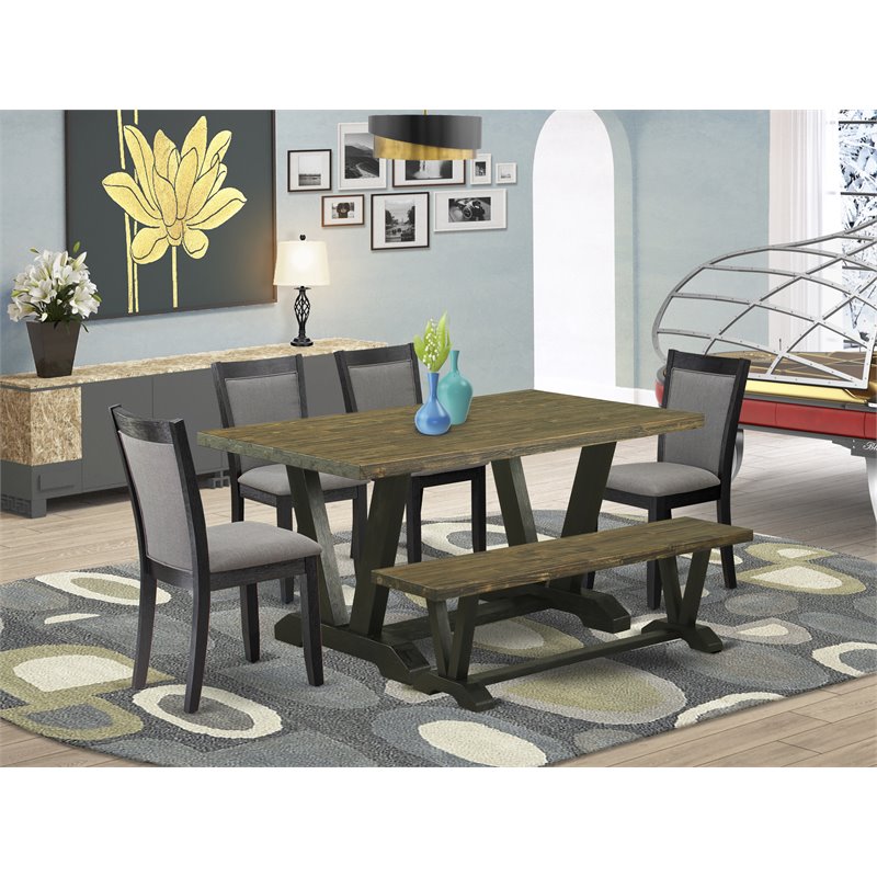 East West Furniture V-Style 6-Piece Wood Dining Set in Jacobean/Dark Gray/Black