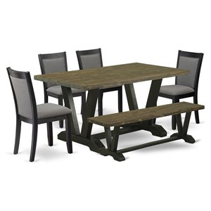 East West Furniture V-Style 6-Piece Wood Dining Set in Jacobean/Dark Gray/Black