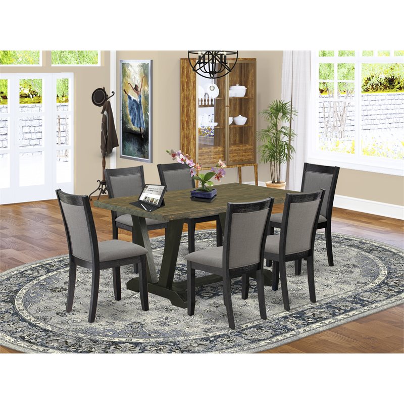 East West Furniture V-Style 7-Piece Wood Dining Set in Jacobean/Dark Gray/Black