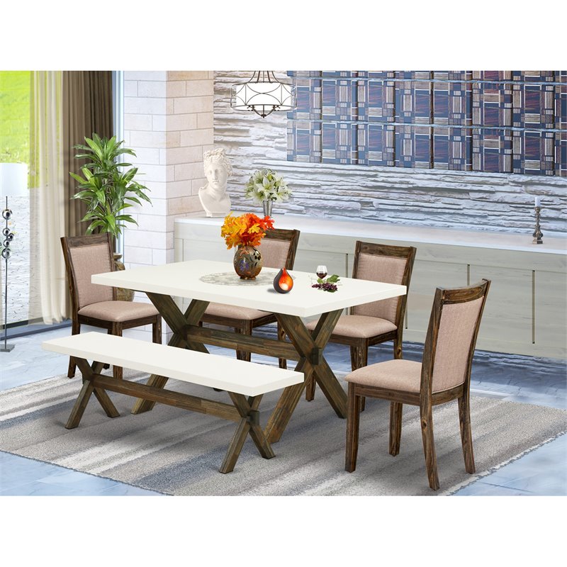 East West Furniture X-Style 6-Piece Wood Dining Set in Dark Khaki Gray/White