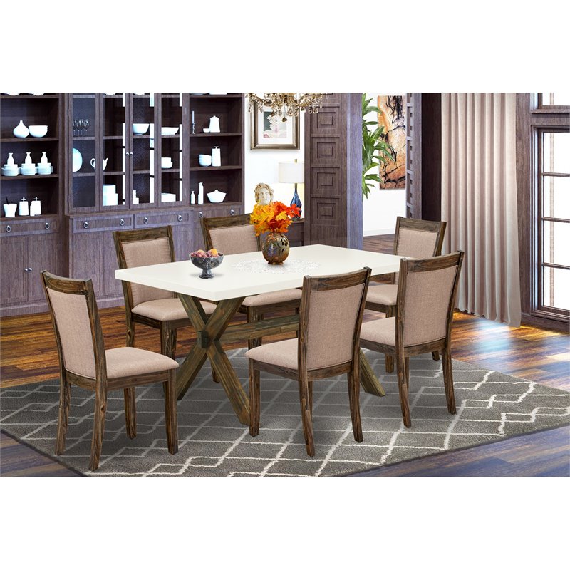 East West Furniture X-Style 7-Piece Wood Dining Set in Dark Khaki Gray/White