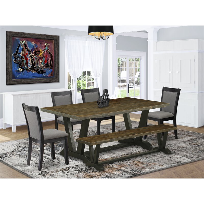 East West Furniture V-Style 6-Piece Wood Dining Set in Black/Dark Gray/Jacobean