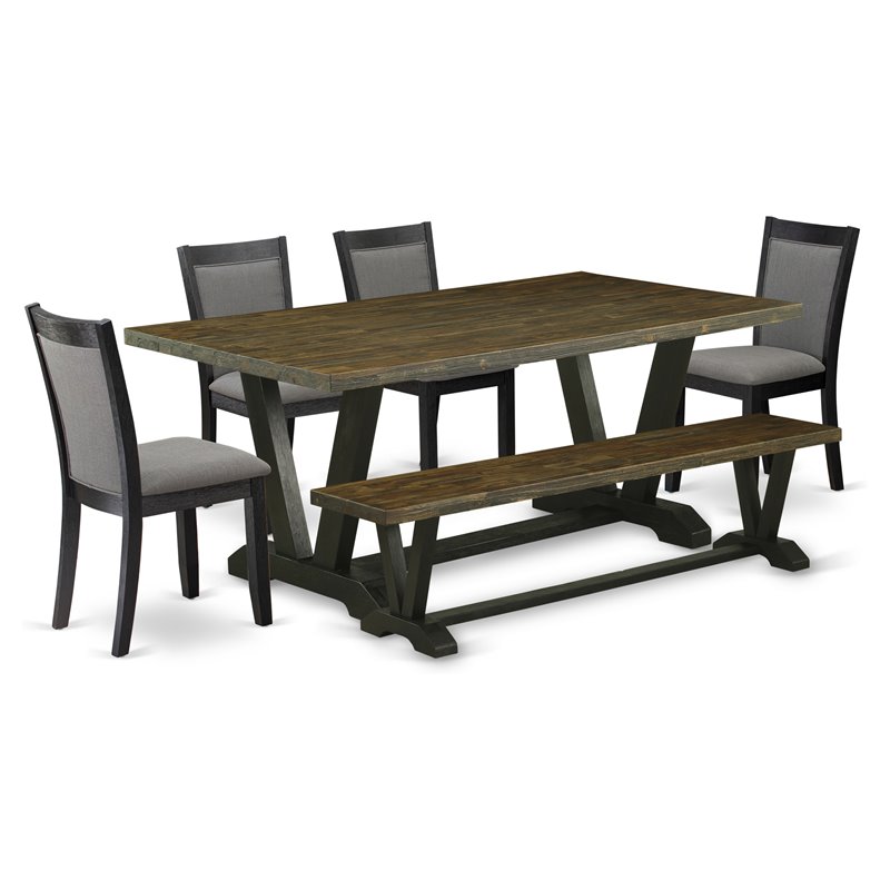 East West Furniture V-Style 6-Piece Wood Dining Set in Black/Dark Gray/Jacobean