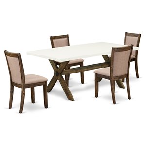 East West Furniture X-Style 5-Piece Wood Dining Set in Jacobean/White/Khaki Gray