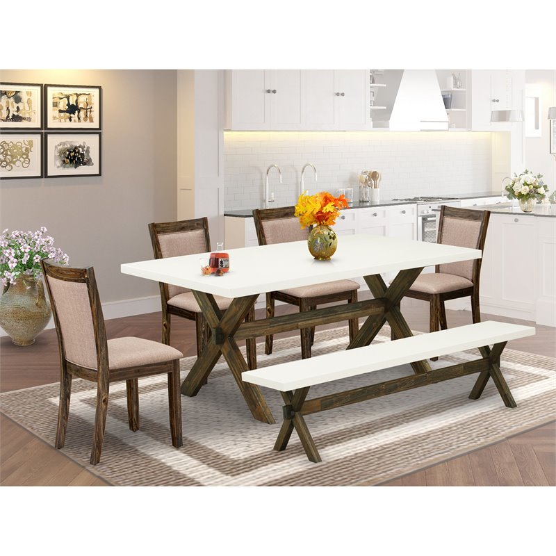 East West Furniture X-Style 6-Piece Wood Dining Set in Jacobean/White/Khaki Gray