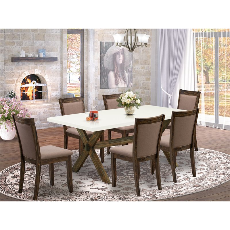 East West Furniture X-Style 7-Piece Wood Dining Set in Jacobean/White/Coffee