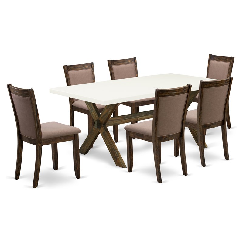 East West Furniture X-Style 7-Piece Wood Dining Set in Jacobean/White/Coffee