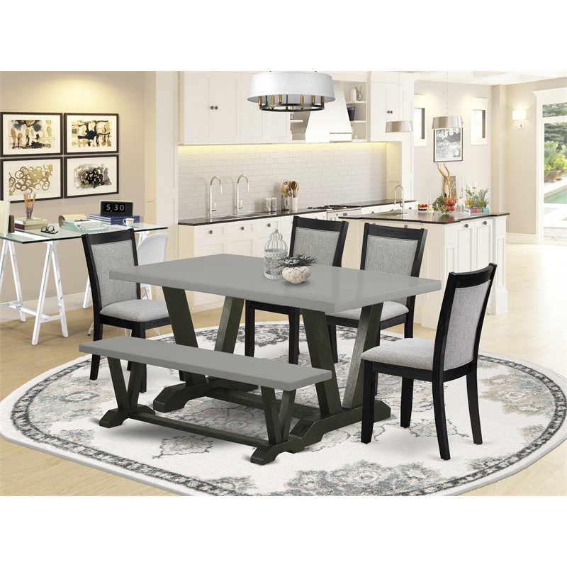East West Furniture V-Style 6-Piece Wood Dining Set in Cement/Black/Shitake Gray