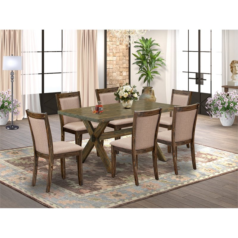 East West Furniture X-Style 7-Piece Wood Dining Set in Jacobean/Dark Khaki Gray