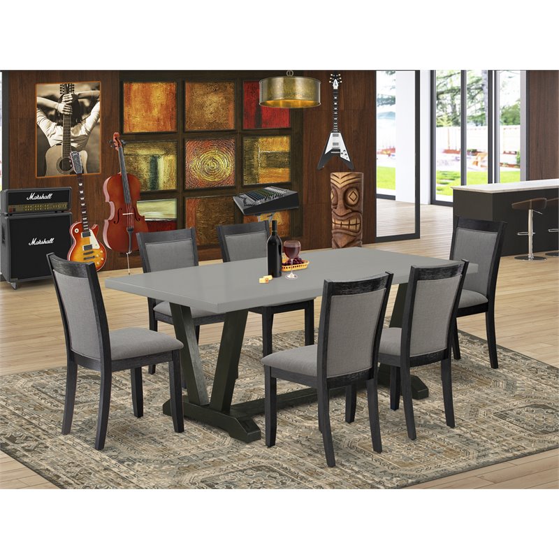 East West Furniture V-Style 7-Piece Wood Dining Set in Dark Gray/Cement/Black