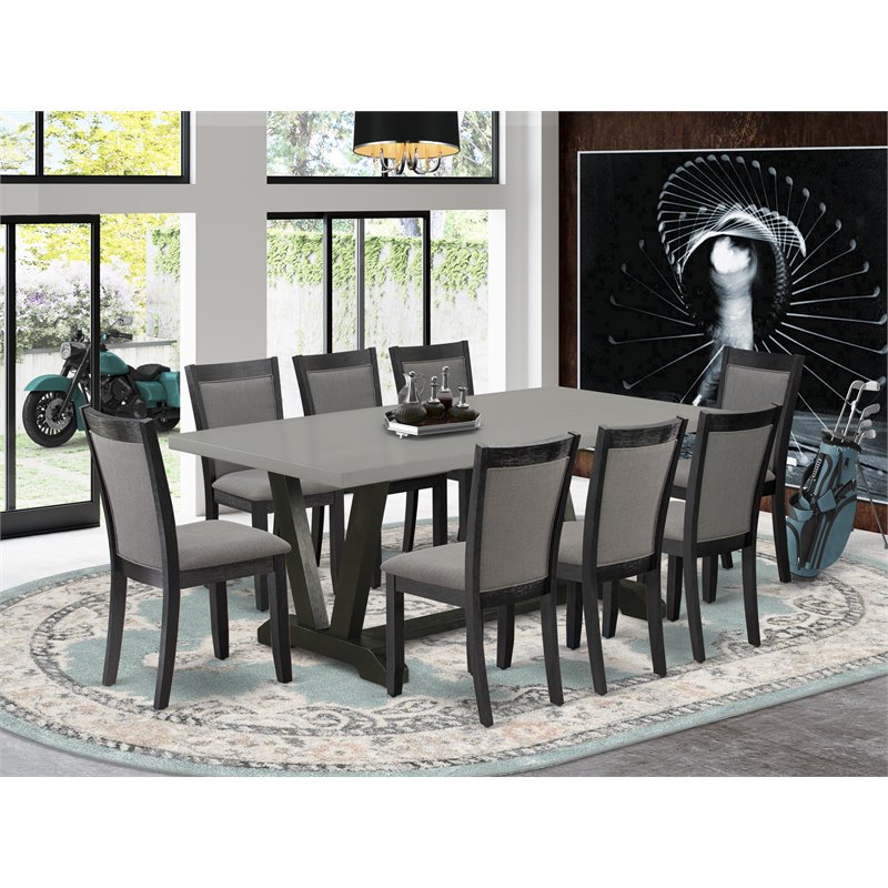 East West Furniture V-Style 9-Piece Wood Dining Set in Dark Gray/Cement/Black