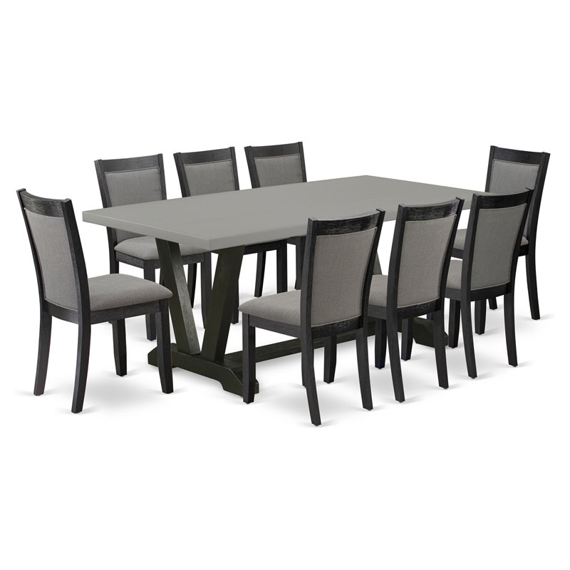 East West Furniture V-Style 9-Piece Wood Dining Set in Dark Gray/Cement/Black
