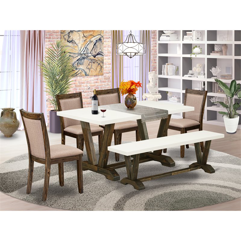 East West Furniture V-Style 6-Piece Wood Dining Set in Khaki Gray/Jacobean/White