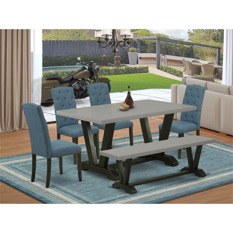 East West Furniture V-Style 6-Piece Wooden Dining Set in Blue/Cement/Black