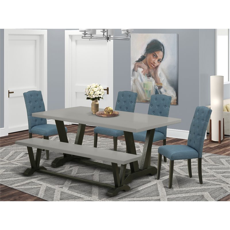 East West Furniture V-Style 6 Pieces Wooden Dining Set in Blue/Cement/Black