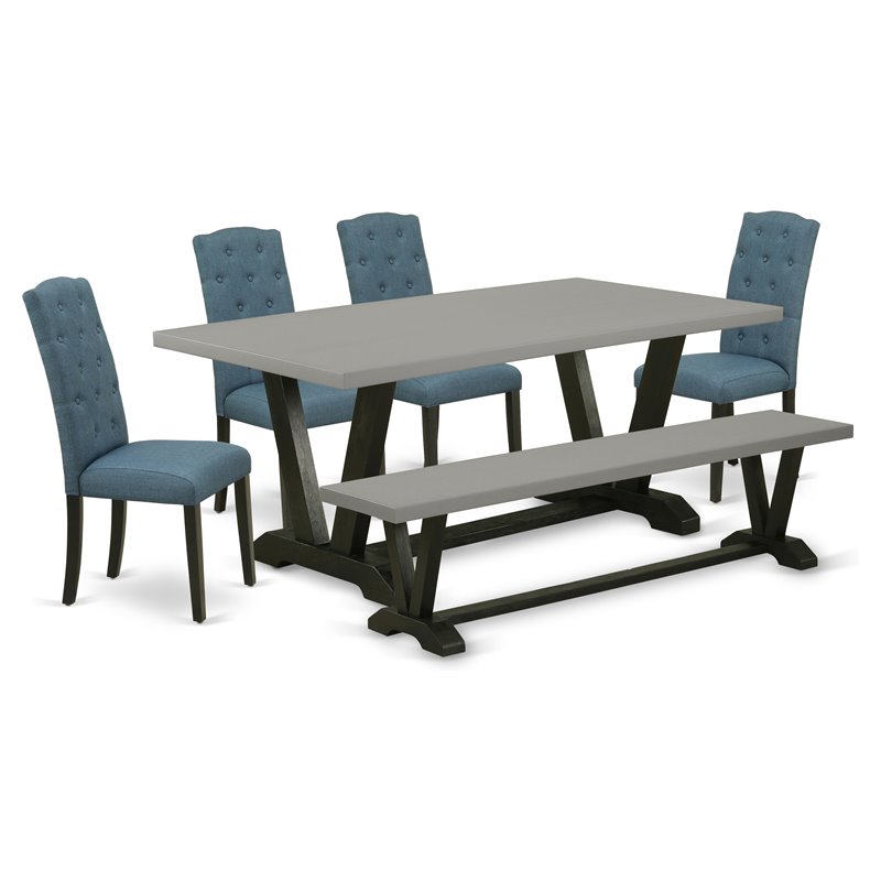 East West Furniture V-Style 6 Pieces Wooden Dining Set in Blue/Cement/Black