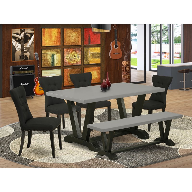 East West Furniture V-Style 6-Piece Rubber Wood Dining Set in Black/Cement