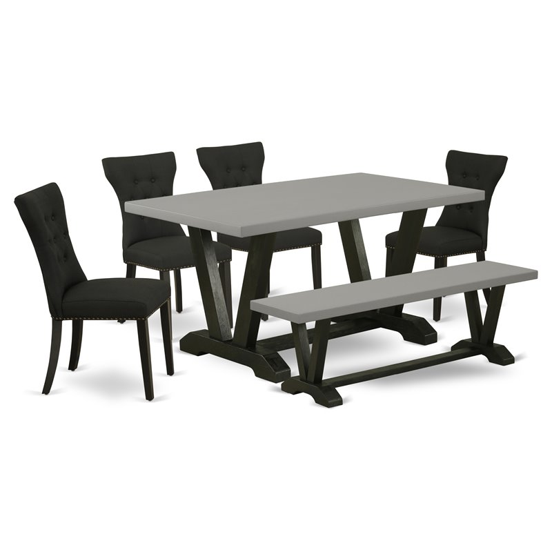 East West Furniture V-Style 6-Piece Rubber Wood Dining Set in Black/Cement