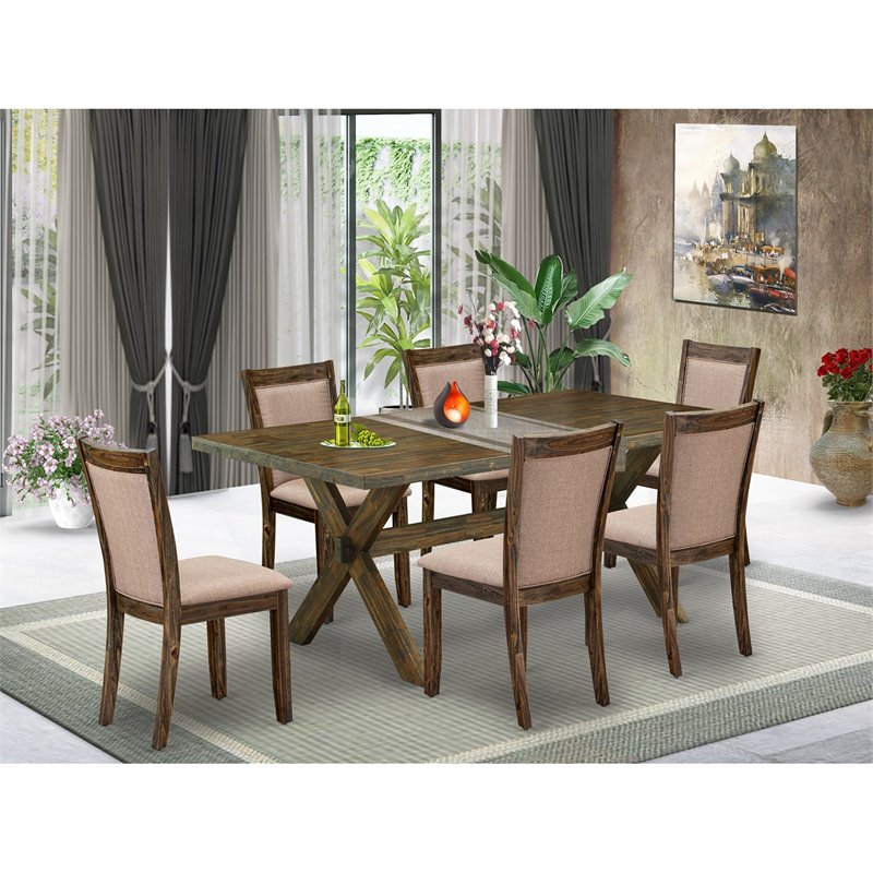 East West Furniture X-Style 7 Pieces Wood Dining Set in Jacobean/Dark Khaki Gray