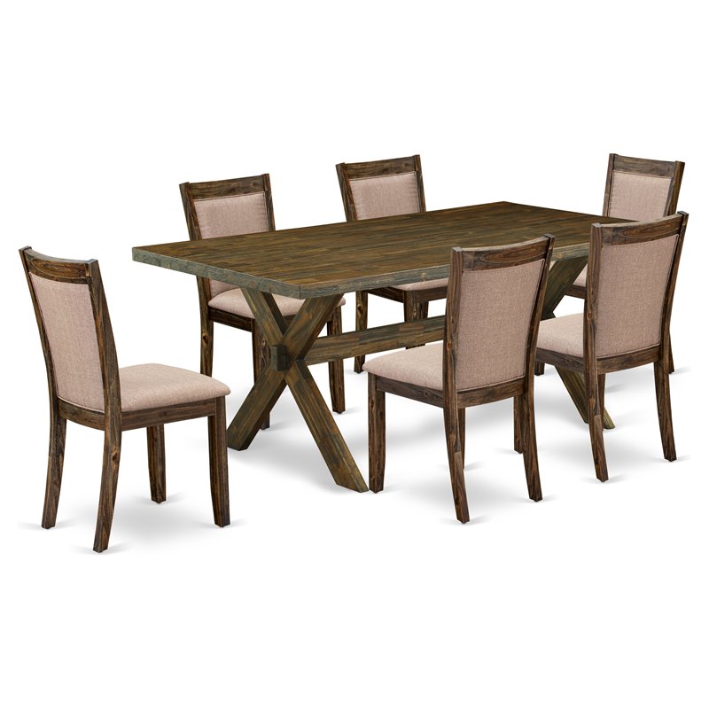 East West Furniture X-Style 7 Pieces Wood Dining Set in Jacobean/Dark Khaki Gray