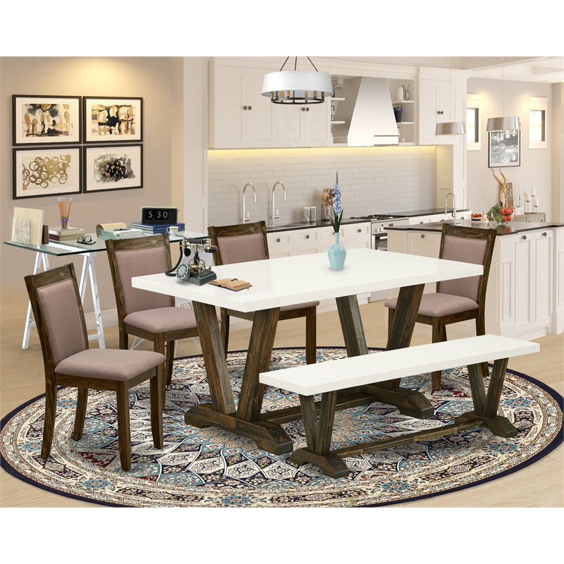 East West Furniture V-Style 6-Piece Wood Dining Set in Coffee/Jacobean/White