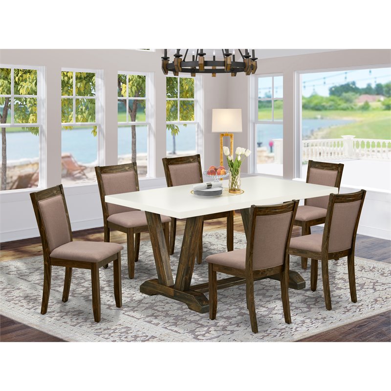 East West Furniture V-Style 7-Piece Wood Dining Set in Coffee/Jacobean/White