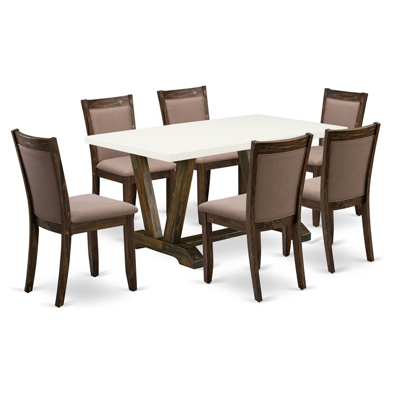 East West Furniture V-Style 7-Piece Wood Dining Set in Coffee/Jacobean/White