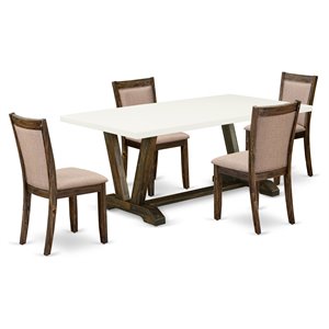East West Furniture V-Style 5-Piece Wood Dining Set in White/Jacobean/Khaki Gray