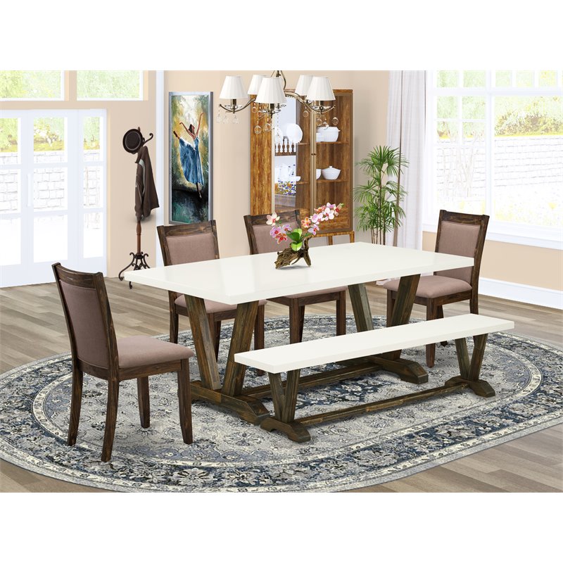 East West Furniture V-Style 6-Piece Wood Dining Set in White/Jacobean/Coffee