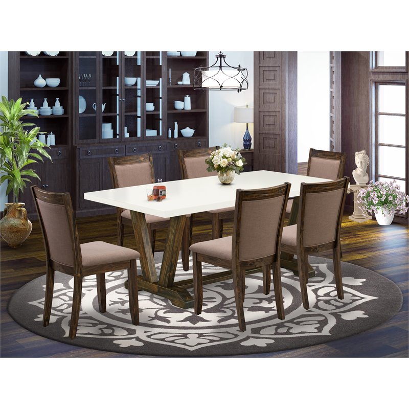 East West Furniture V-Style 7-Piece Wood Dining Set in White/Jacobean/Coffee