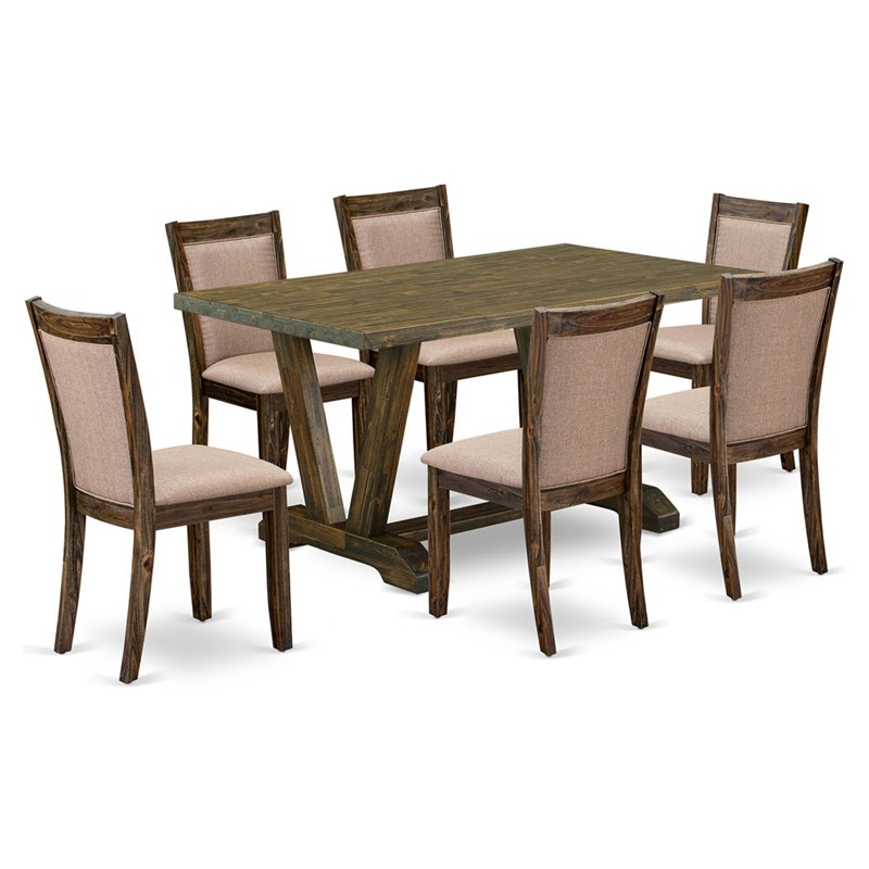 East West Furniture V-Style 7-Piece Wood Dining Set in Jacobean/Dark Khaki Gray