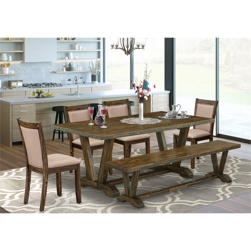 East West Furniture V-Style 6-Piece Wood Dining Set in Dark Khaki Gray/Jacobean