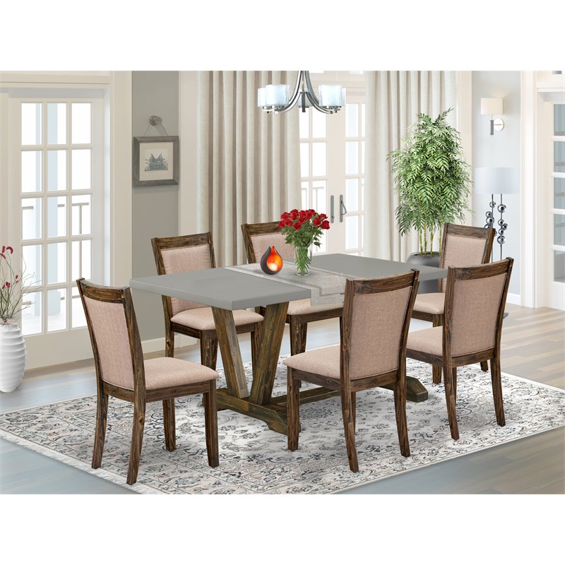 East West Furniture V-Style 7-Piece Wood Dining Set in Cement/Jacobean/Gray