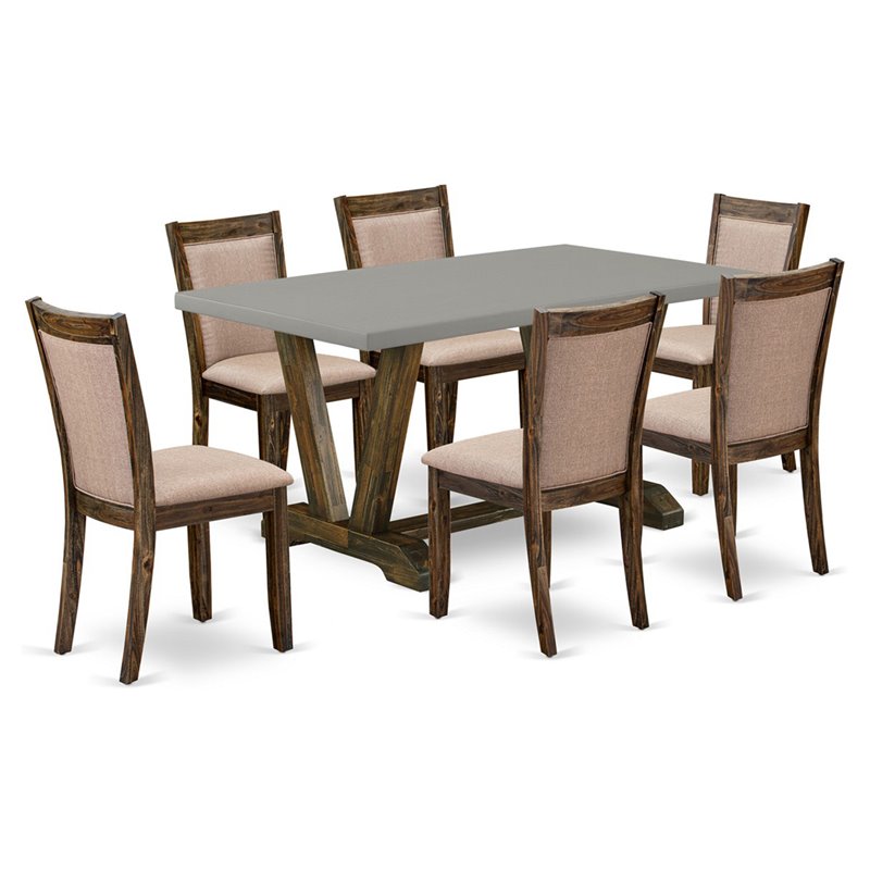 East West Furniture V-Style 7-Piece Wood Dining Set in Cement/Jacobean/Gray