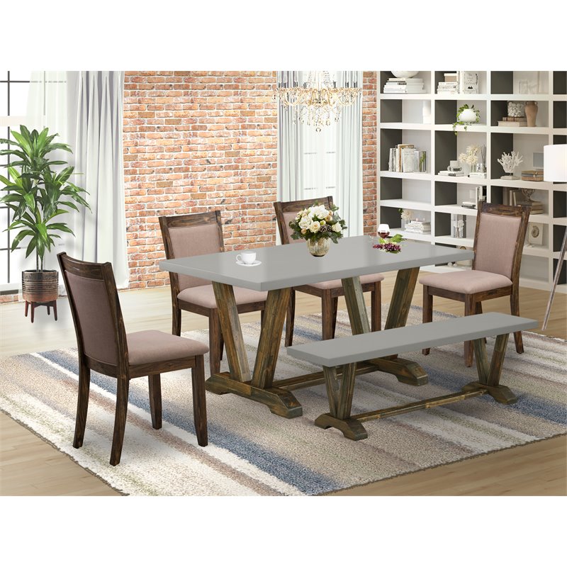 East West Furniture V-Style 6-Piece Wood and Fabric Dining Set in Coffee/Cement