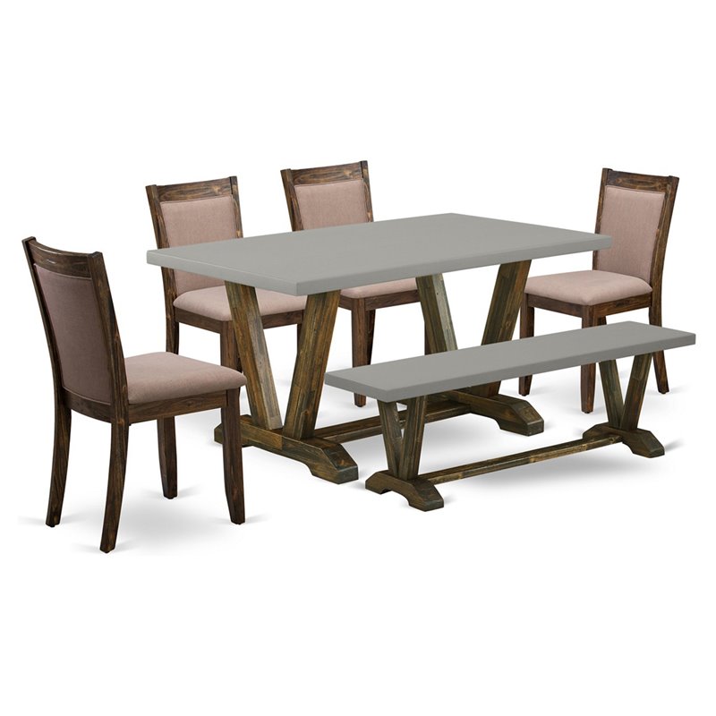 East West Furniture V-Style 6-Piece Wood and Fabric Dining Set in Coffee/Cement