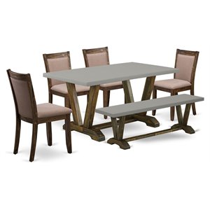 East West Furniture V-Style 6-Piece Wood and Fabric Dining Set in Coffee/Cement