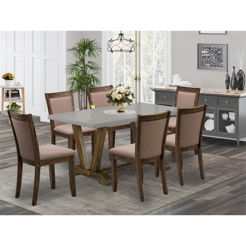 East West Furniture V-Style 7-Piece Wood and Fabric Dining Set in Coffee/Cement