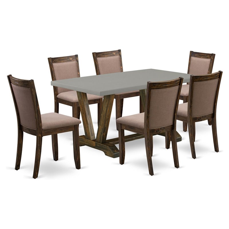 East West Furniture V-Style 7-Piece Wood and Fabric Dining Set in Coffee/Cement