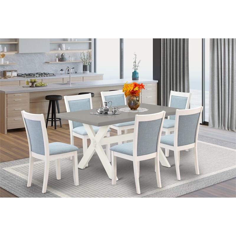 East West Furniture X-Style 7-Piece Wood Dining Set in Blue/Cement/White