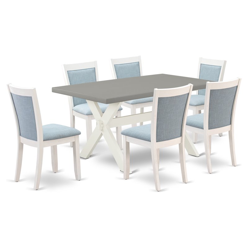 East West Furniture X-Style 7-Piece Wood Dining Set in Blue/Cement/White