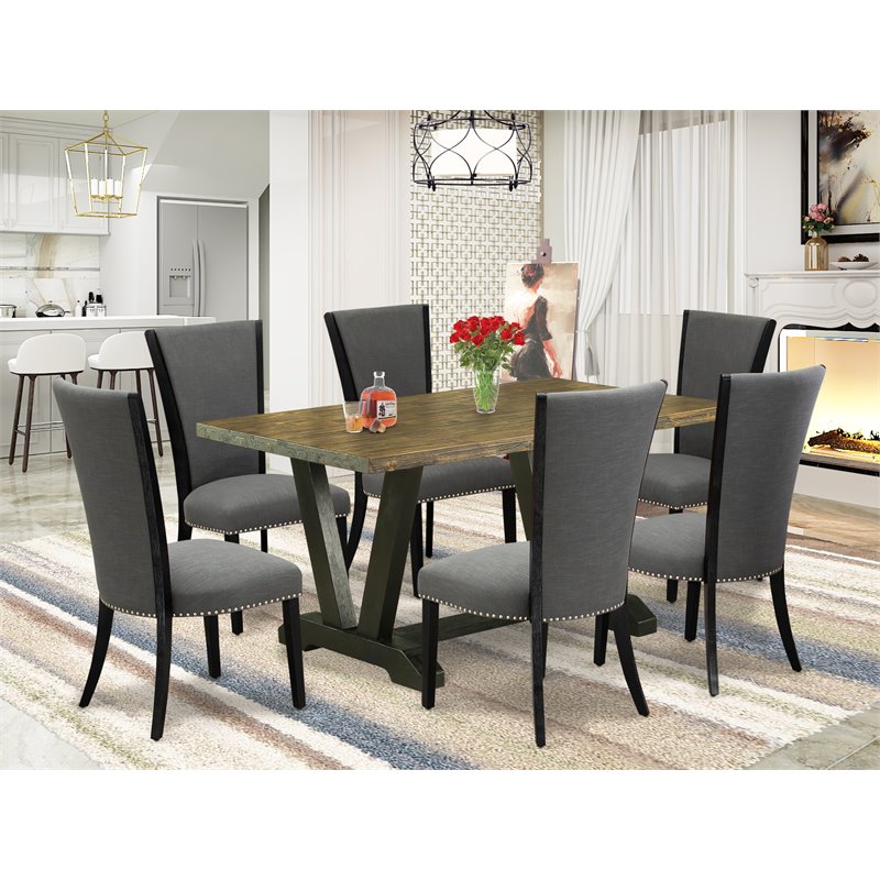 East West Furniture V-Style 7-Piece Wood Dining Set in Jacobean/Black/Dark Gray