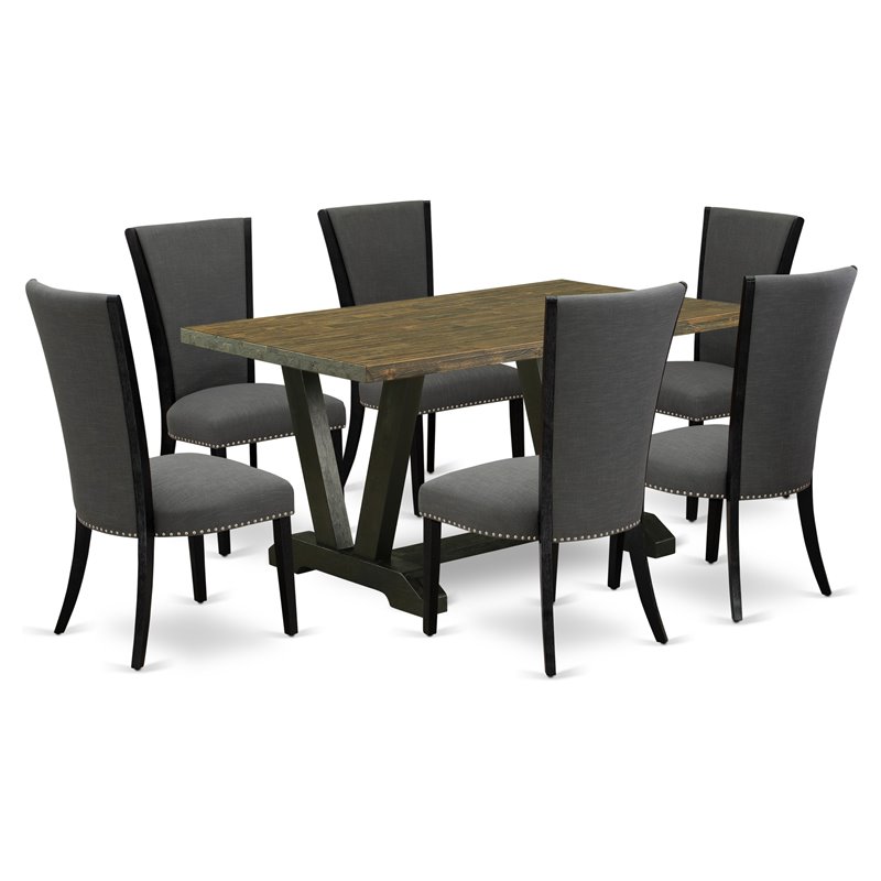 East West Furniture V-Style 7-Piece Wood Dining Set in Jacobean/Black/Dark Gray